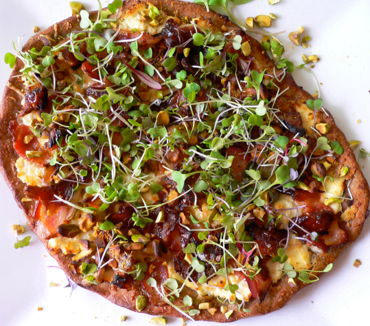 Parmesan and Ricotta Cheese Pizza with Pistachios Bacon and Micro Greens