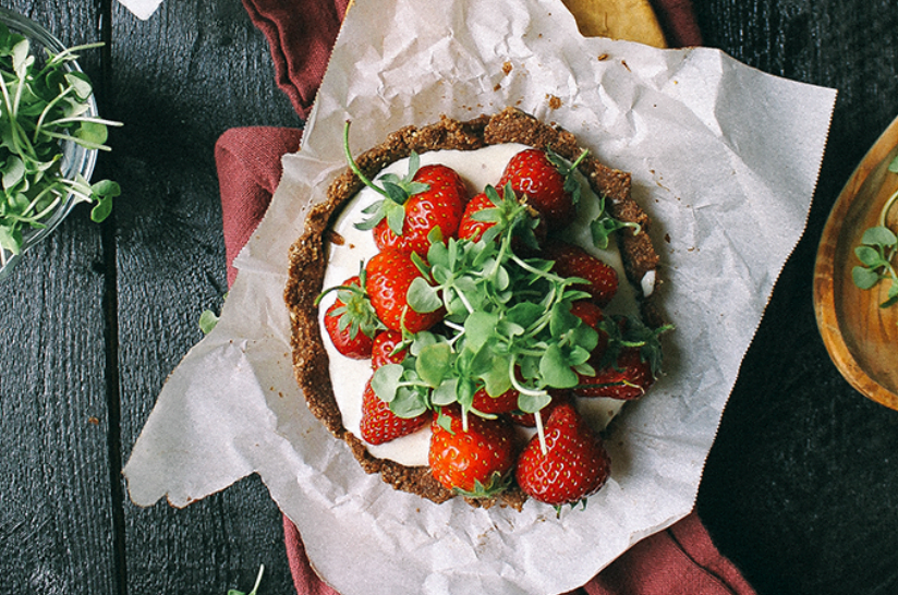 Mini Strawberry Chocolate Tart with Whipped Goat Cheese & Basil Micro Greens